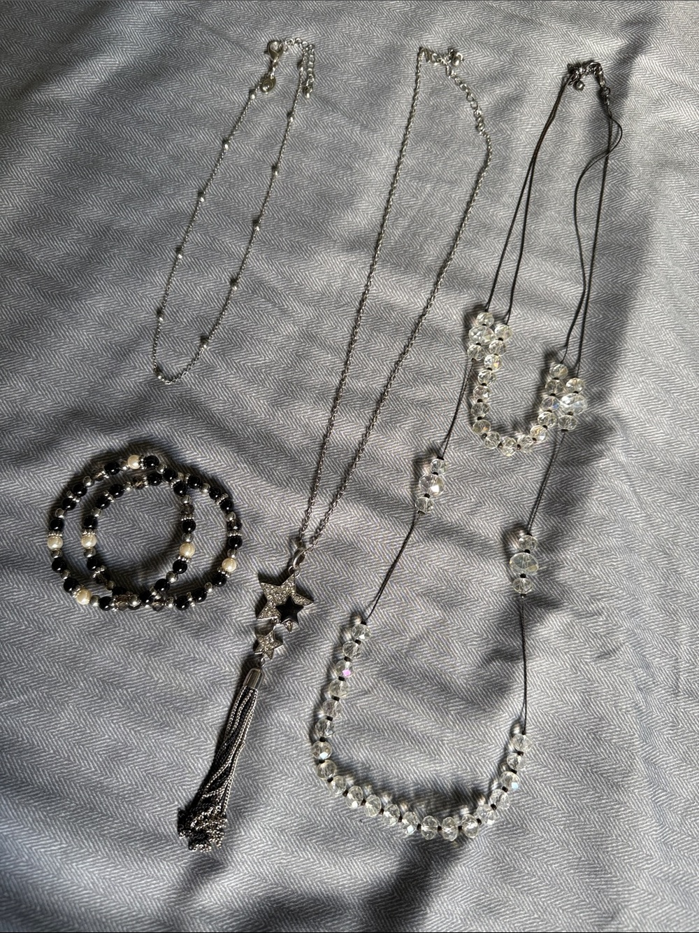 3 Necklaces and 2 Bracelets: Silver and Clear Beaded Women's Necklace